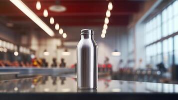 A stainless steel water bottle sitting on a table photo