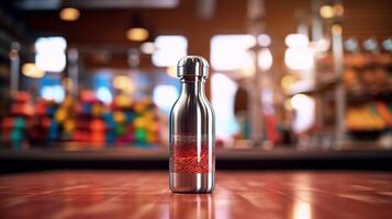 A bottle with red liquid sitting on a table photo