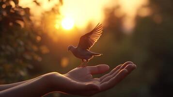 A person holding a bird in their hand with the sun setting in the background photo