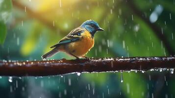 A bird is sitting on a branch in the rain photo