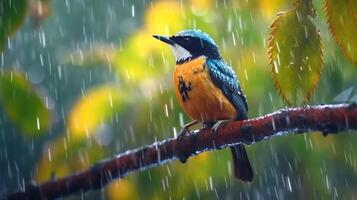 A colorful bird sits on a branch in the rain photo
