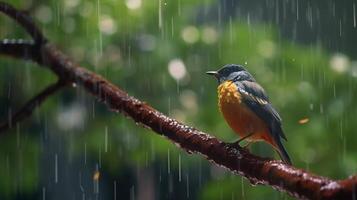 A bird is sitting on a branch in the rain photo