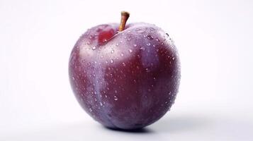 A purple plum is shown on a white background photo