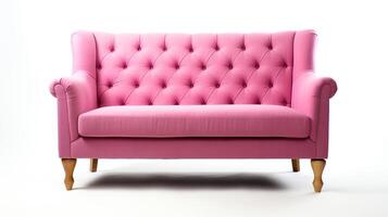 A pink couch with wooden legs and a tufted back photo