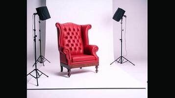 A red leather chair in front of a white backdrop photo