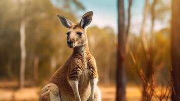 A kangaroo is standing in the middle of a forest photo