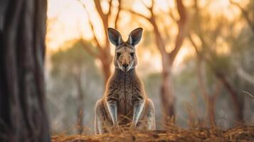 A kangaroo is standing in the middle of a forest photo