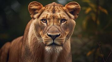 A lion is looking at the camera in the woods photo
