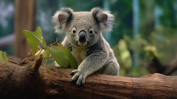 A koala is sitting on a branch in the forest photo