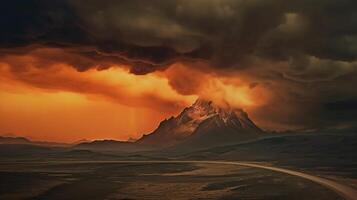 A stormy sky over a mountain with a road photo