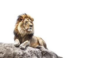 A lion sitting on top of a rock photo
