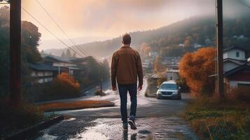 Man walking down a road in the rain photo