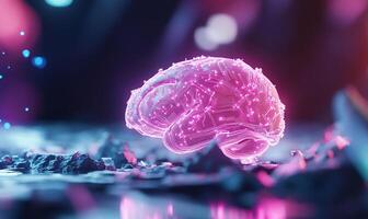 A glowing, digital representation of a brain amidst a vibrant background. photo