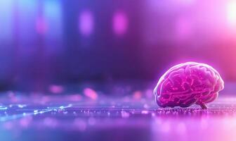A glowing brain on a digital surface, symbolizing technology and cognition. photo