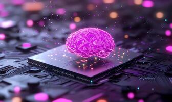A digital brain hovering above a microchip, symbolizing AI technology. photo