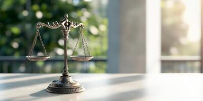 A balanced scale symbolizing justice on a table with natural light. photo