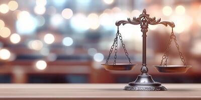 A decorative balance scale symbolizing justice on a blurred background. photo