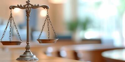 A decorative balance scale symbolizing justice in a law setting. photo