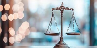 A classic scale symbolizes justice and balance in a blurred environment. photo
