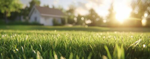 A serene landscape with lush grass and a house at sunset. photo