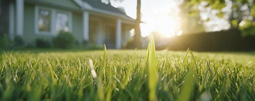 A close-up view of lush green grass with a house in the background. photo