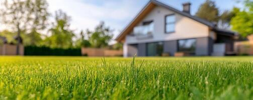 Lush green lawn in front of a modern house under a clear sky. photo