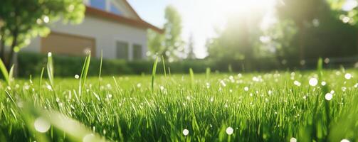 A close-up view of dew-covered grass in a sunny garden setting. photo