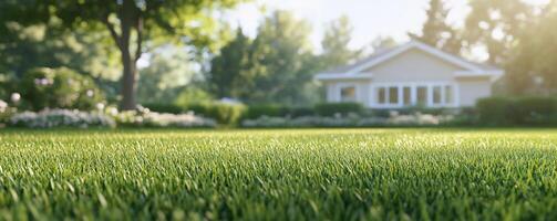 Lush green lawn in a sunny residential setting with a house. photo