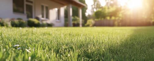 A close-up view of a lush green lawn with a serene background. photo