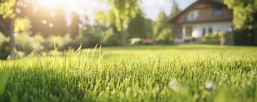 A lawn with green grass and a house in the background photo