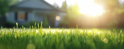 A close-up of lush green grass with a sunlit background. photo