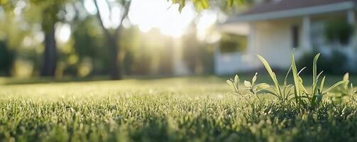 A serene view of lush grass and soft sunlight near a house. photo