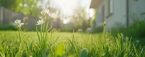 A field of grass with white flowers in the foreground photo