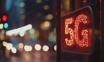 Illuminated 5G sign in a cityscape at dusk, indicating connectivity. photo