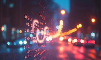 Blurred cityscape with digital data overlay and traffic lights. photo
