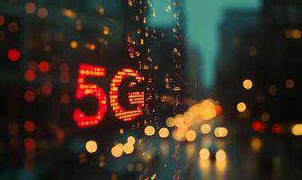 A blurred city scene with a glowing 5G sign and bokeh lights. photo