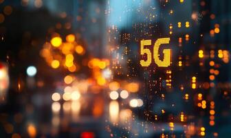 A blurred cityscape with a glowing 5G sign reflecting lights. photo