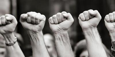 Raised fists symbolizing solidarity and protest in a crowd. photo