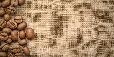 Coffee beans scattered on burlap fabric, emphasizing natural textures. photo