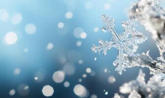 A close-up of a snowflake against a blurred winter background. photo