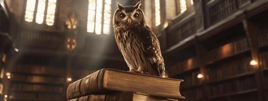An owl perched on a stack of books in a grand library setting. photo