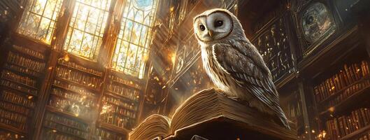 A wise owl perched on an open book in a sunlit library. photo