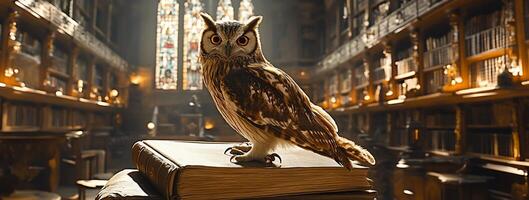 An owl sits on top of a book in a library photo