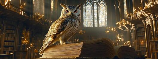 An owl perched on a large book in a grand library setting. photo