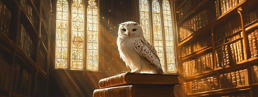 An owl sits on top of a stack of books photo