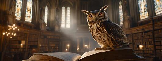 An owl sits on top of a book in a library photo