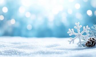 A serene winter scene with snowflakes and pinecones on a snowy background. photo