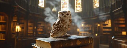 An owl perched on an ancient book in a grand library setting. photo
