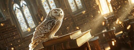 A wise owl perched on books in a sunlit library. photo