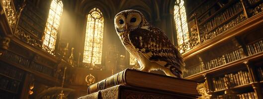 An owl perched on books in a sunlit, grand library setting. photo